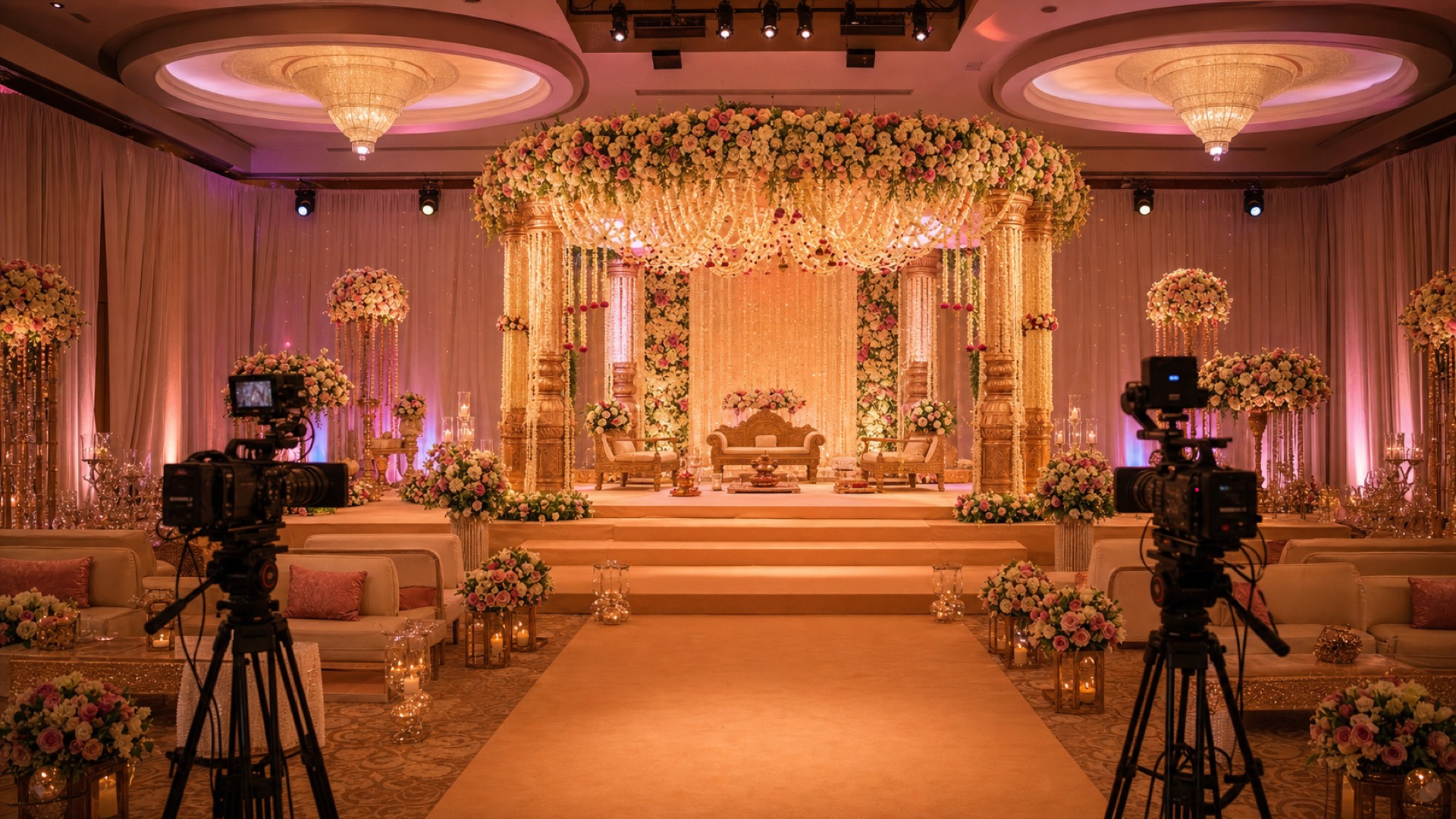 Elegant Indian wedding venue prepared for professional live streaming