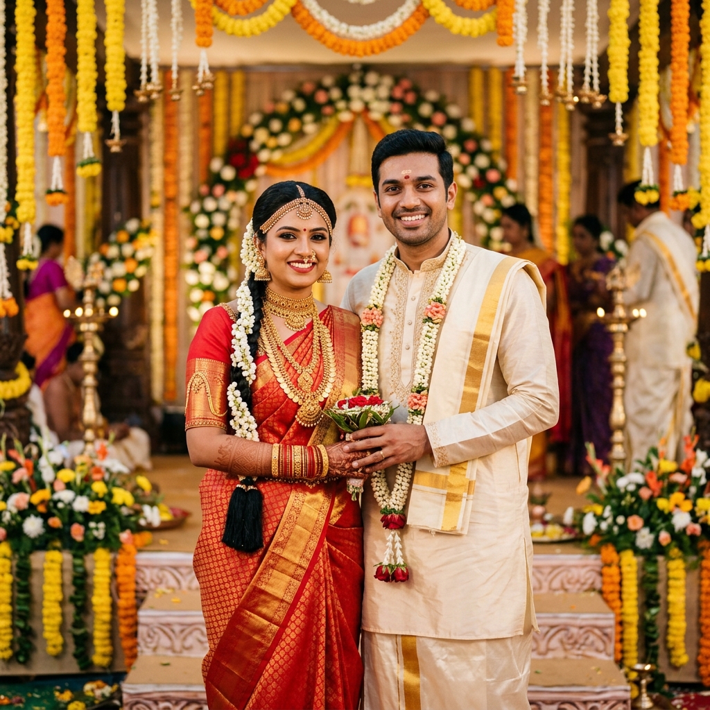 Happy South Indian wedding couple in traditional attire