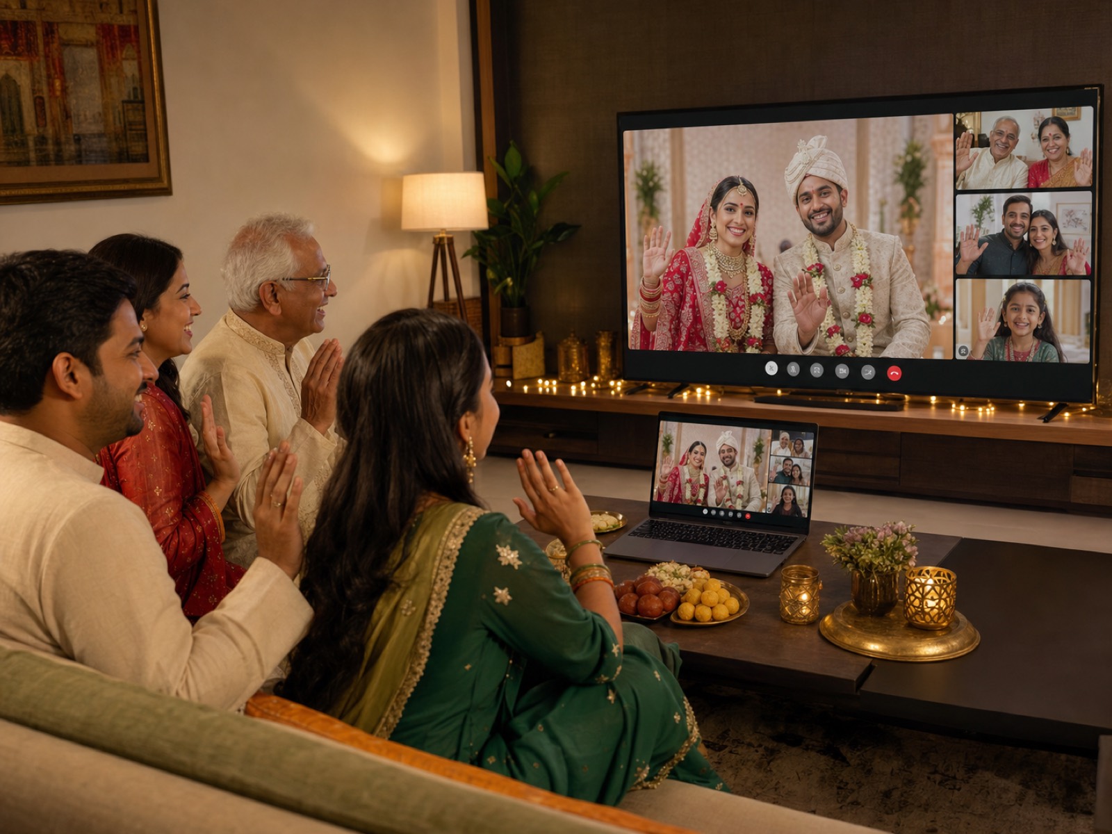 Indian family watching and joining a wedding virtually from their home